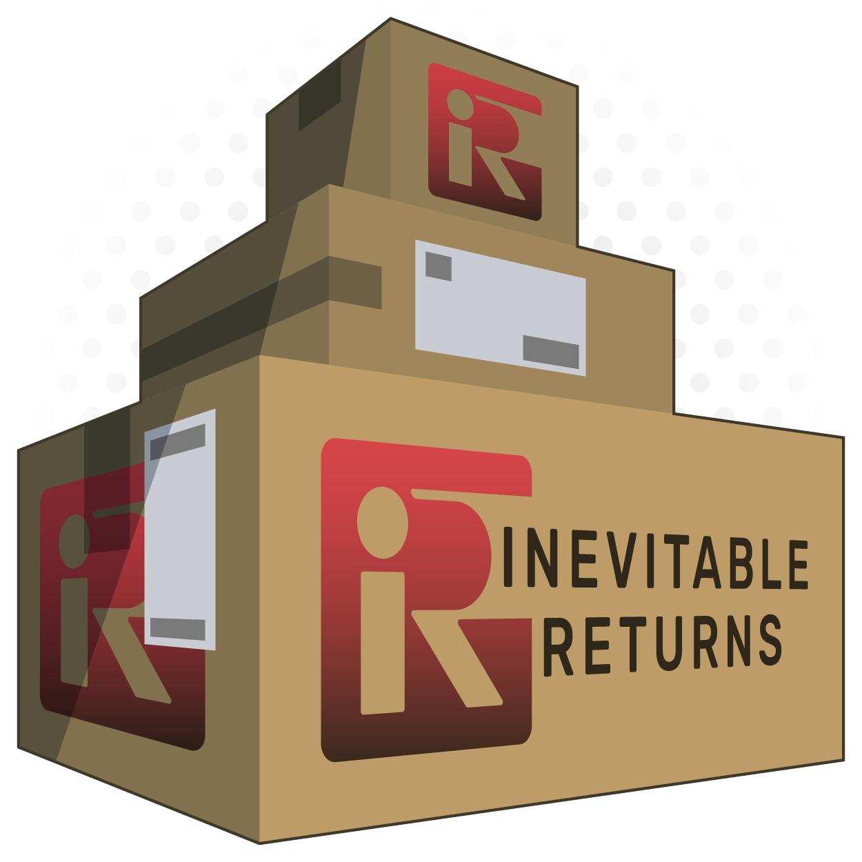 Stack of boxes with Inevtiable Returns logo printed on them.